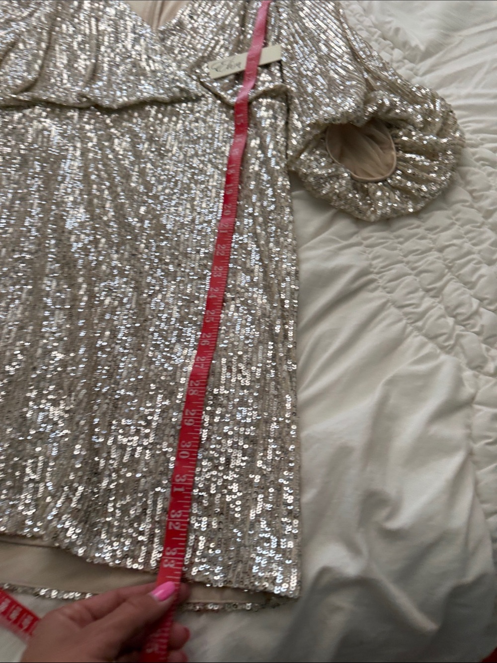 Eliza J beige and silver Sequin V-Neck Mini Dress longsleeve - Picture 14 of 15